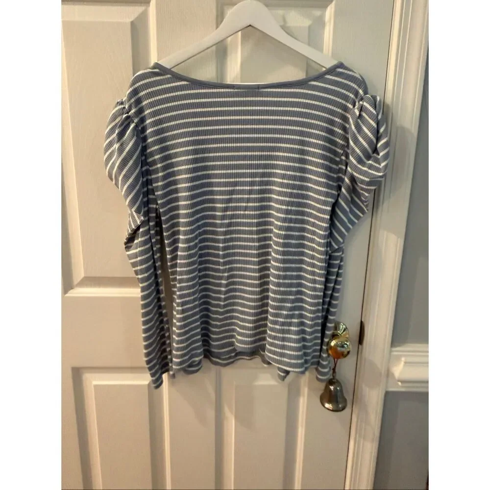 Anthropologie Porridge Blue/Gray Stripe Keyhole Puff Sleeve Top sz 2X NWT